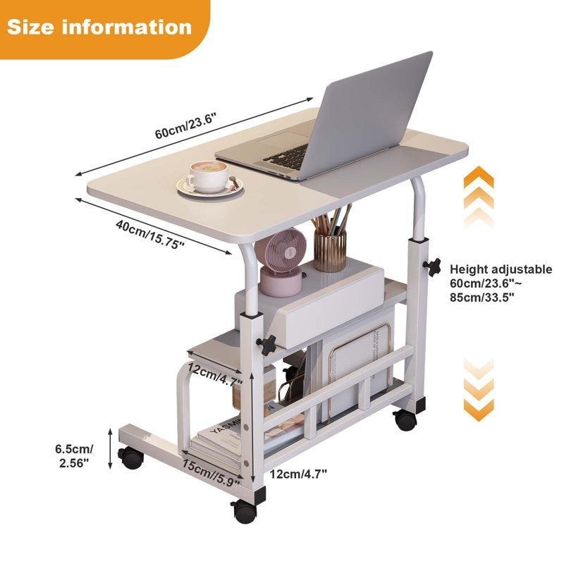 Beyaz Çelik Yüksekliği Ayarlanabilir Raflı Tekerlekli Laptop Sehpası - 60x41 cm - 335687