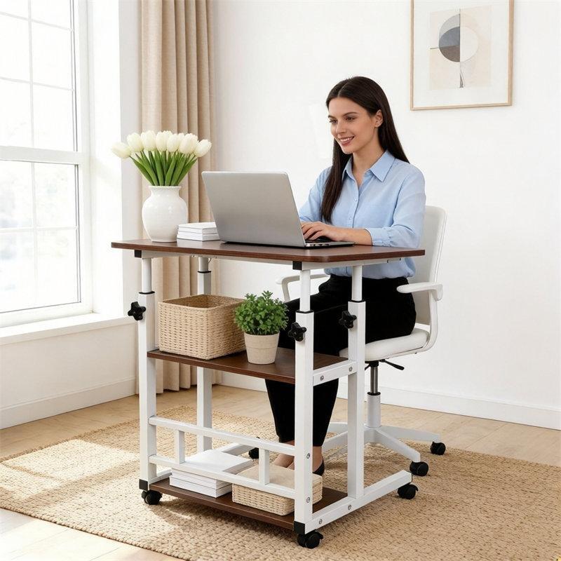 Beyaz Çelik Yüksekliği Ayarlanabilir Tekerlekli Raflı Laptop Sehpası - 60x40 cm - 336351