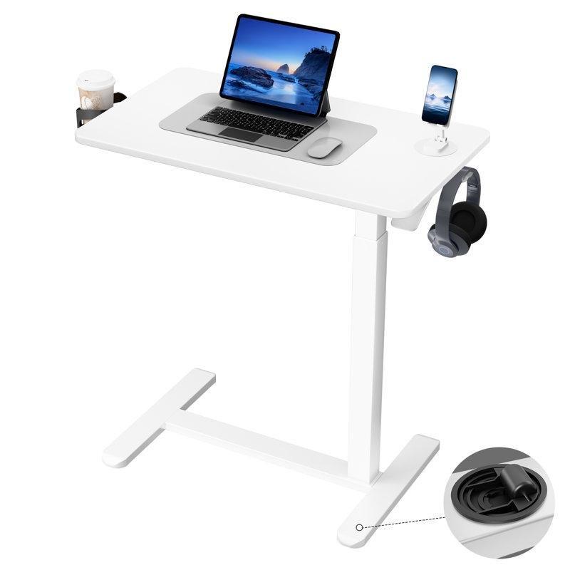 Beyaz Endüstriyel Ahşap Pnömatik Yükseklik Ayarlı Tekerlekli Laptop Sehpası - 71x40 cm - 335796