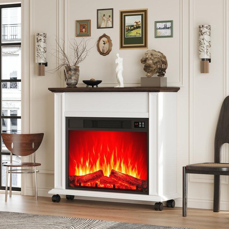 Beyaz Kahverengi MDF Yığma Taş Tasarımlı Şömine Raflı Elektrikli Şömine - 78 cm - 339245