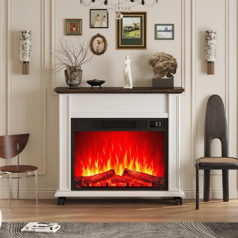 Beyaz Kahverengi MDF Yığma Taş Tasarımlı Şömine Raflı Elektrikli Şömine - 78 cm - 339245