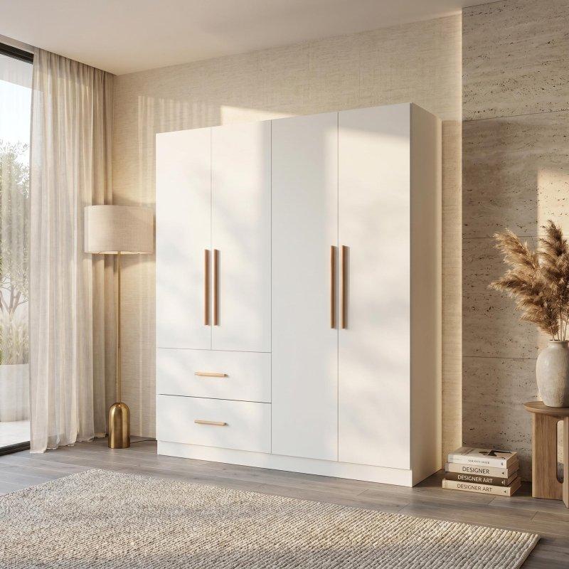 Beyaz MDF 2 Çekmeceli ve Askılıklı 4 Kapılı Gardırop - 161x181x49 cm - 337014