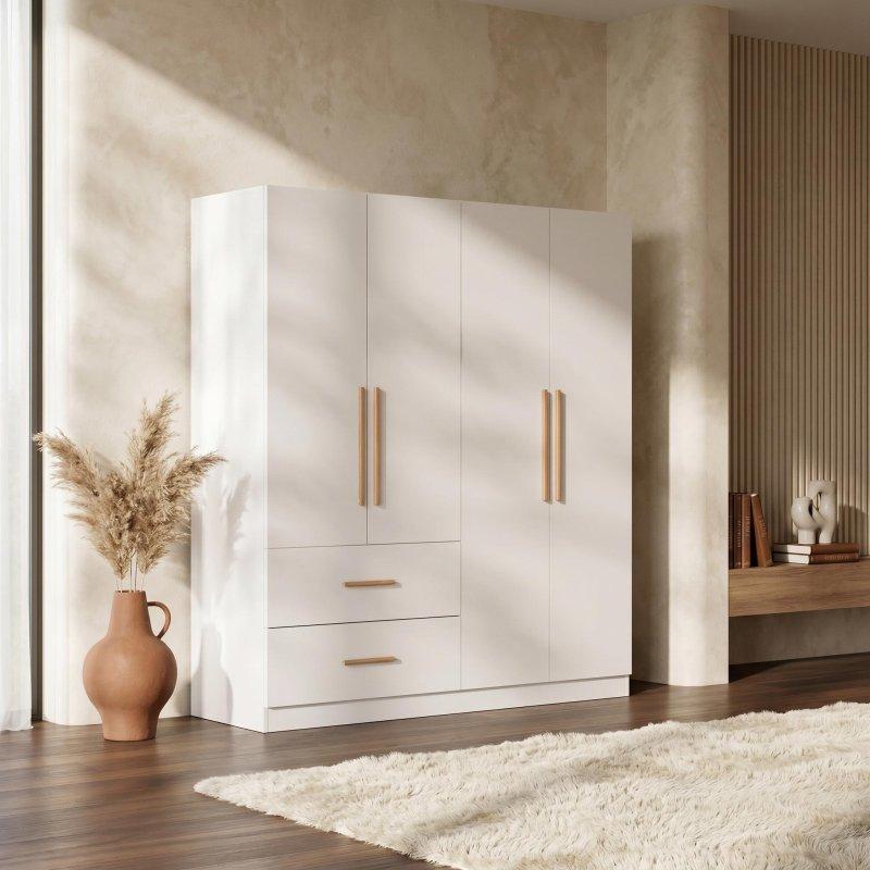 Beyaz MDF 2 Çekmeceli ve Askılıklı 4 Kapılı Gardırop - 161x181x49 cm - 337014