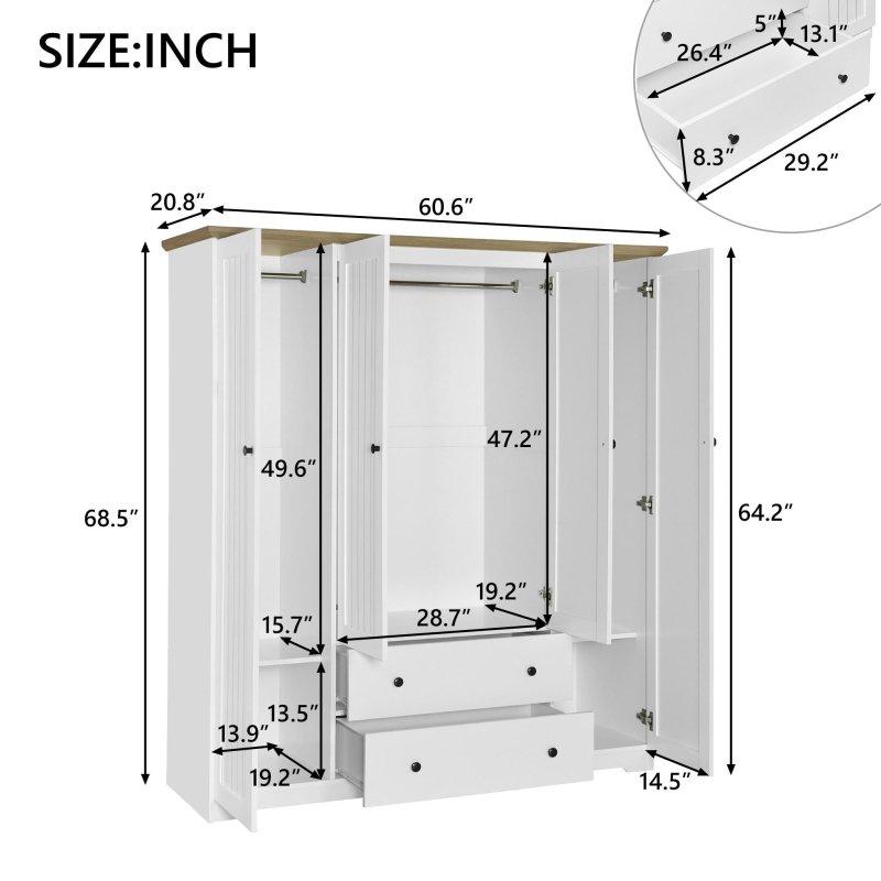 Beyaz MDF 2 Çekmeceli ve Askılıklı 4 Kapılı Gardırop - 53x154x174 cm - 337792