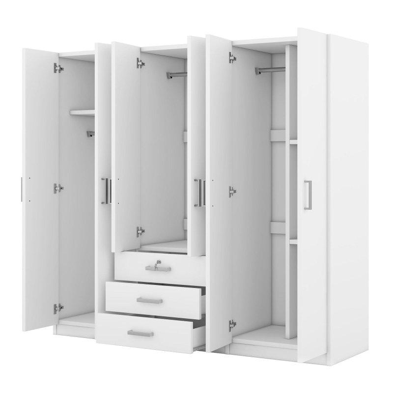 Beyaz MDF Kilitli Çekmeceli 6 Kapılı Gardırop - 181x49x173 cm - 337831