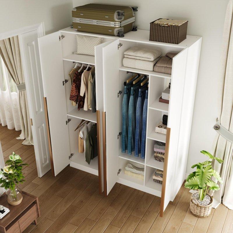 Beyaz MDF Parlak Yüzeyli Raflı 3 Kapılı Gardırop - 161x51x200 cm - 336686