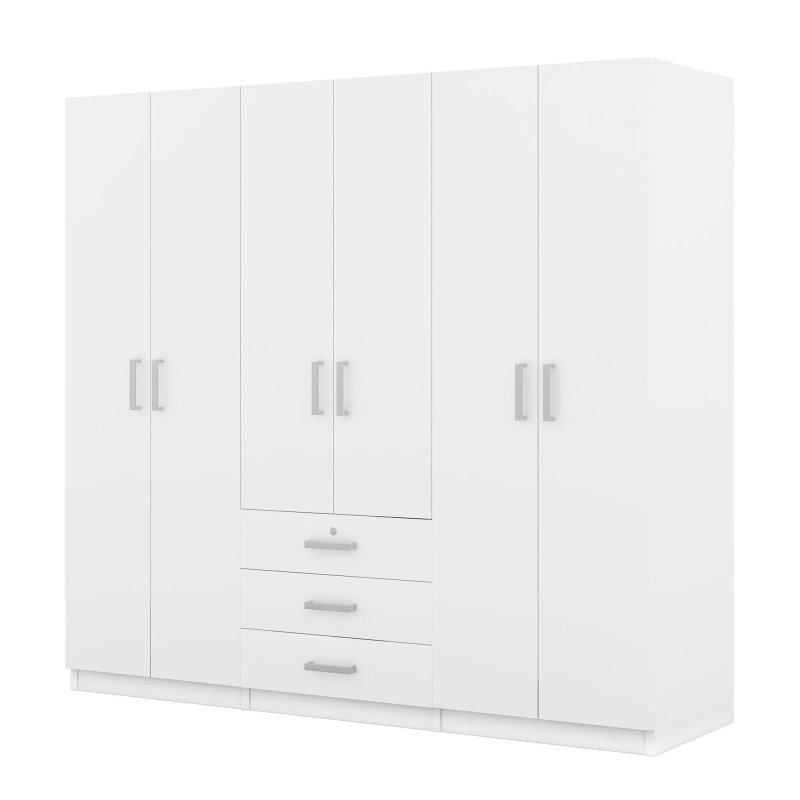 Beyaz MDF ve Masif Ahşap Çekmeceli 6 Kapılı Gardırop - 181x49x173 cm - 337853