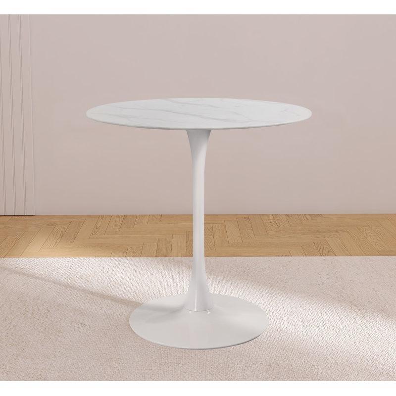 Beyaz Mermer Desenli Cam Yuvarlak Ayaklı Bistro Masa - 92 cm - 338345