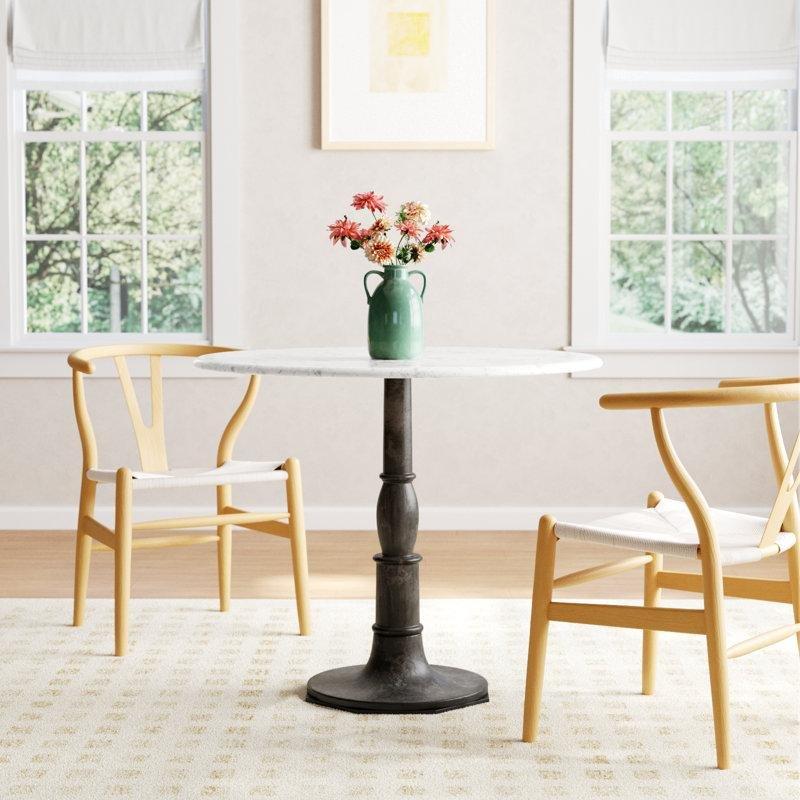 Beyaz Mermer Tablalı Metal Kaide Ayaklı Yuvarlak Bistro Masa - 92x92 cm - 338982