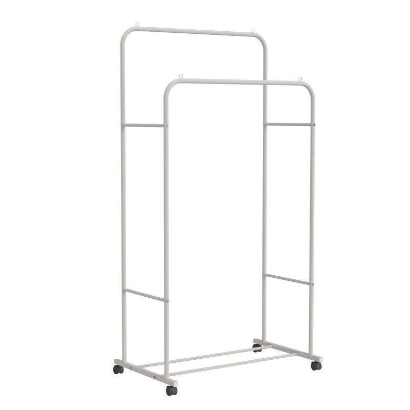 Beyaz Metal Çift Askılı Raflı Tekerlekli Ayaklı Askılık - 80x51x155 cm - 337190