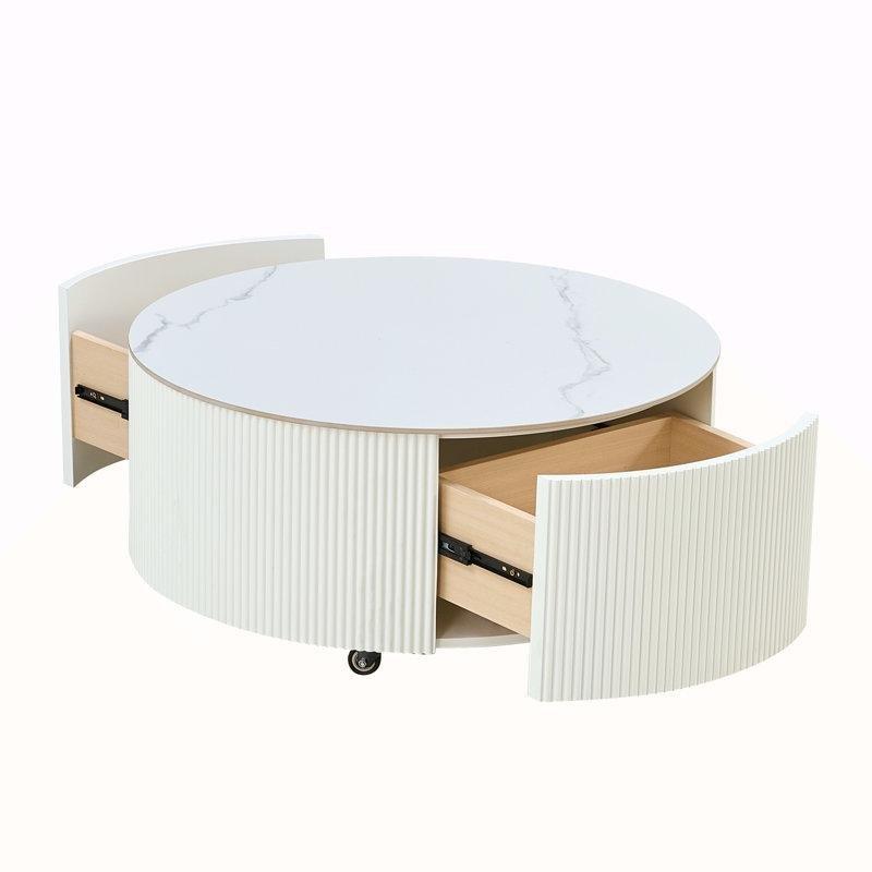 Beyaz Sinterlenmiş Taş ve MDF Çekmeceli Yuvarlak Tekerlekli Orta Sehpa - 75 cm - 336601