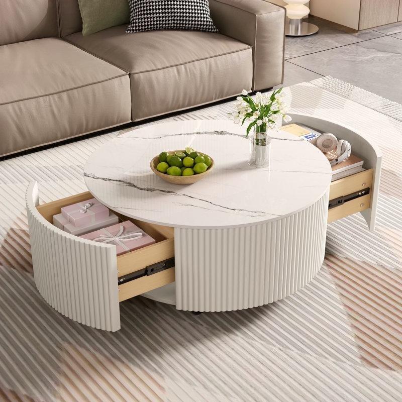 Beyaz Sinterlenmiş Taş ve MDF Çekmeceli Yuvarlak Tekerlekli Orta Sehpa - 75 cm - 336601