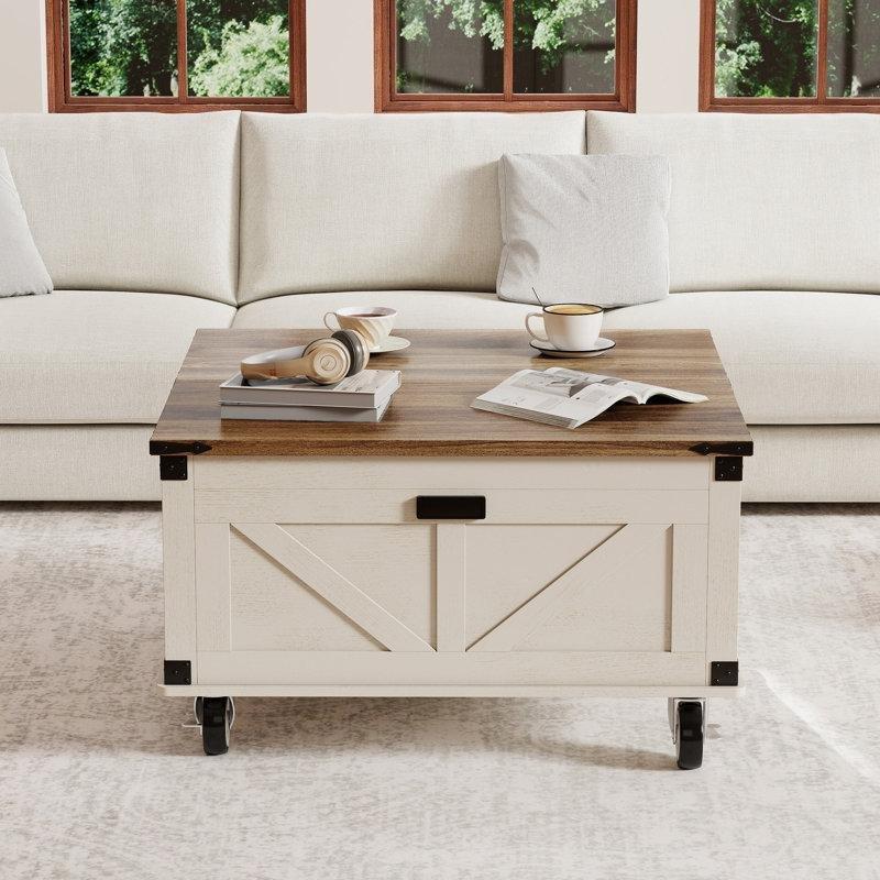 Beyaz ve Kahverengi Ahşap Şarj Üniteli Akıllı Sensörlü Çift Asansörlü Tekerlekli Orta Sehpa - 94x94 cm - 336499