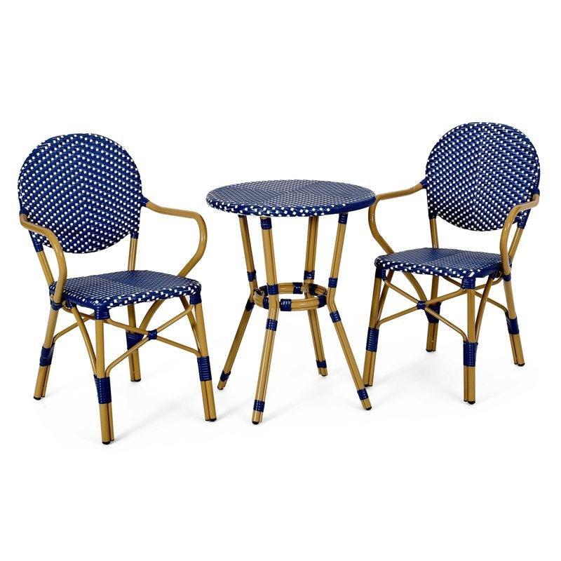 Cam Göbeği Mavi ve Beyaz Rattan Örgülü Alüminyum 2 Kişilik Yuvarlak Bistro Seti - 338838