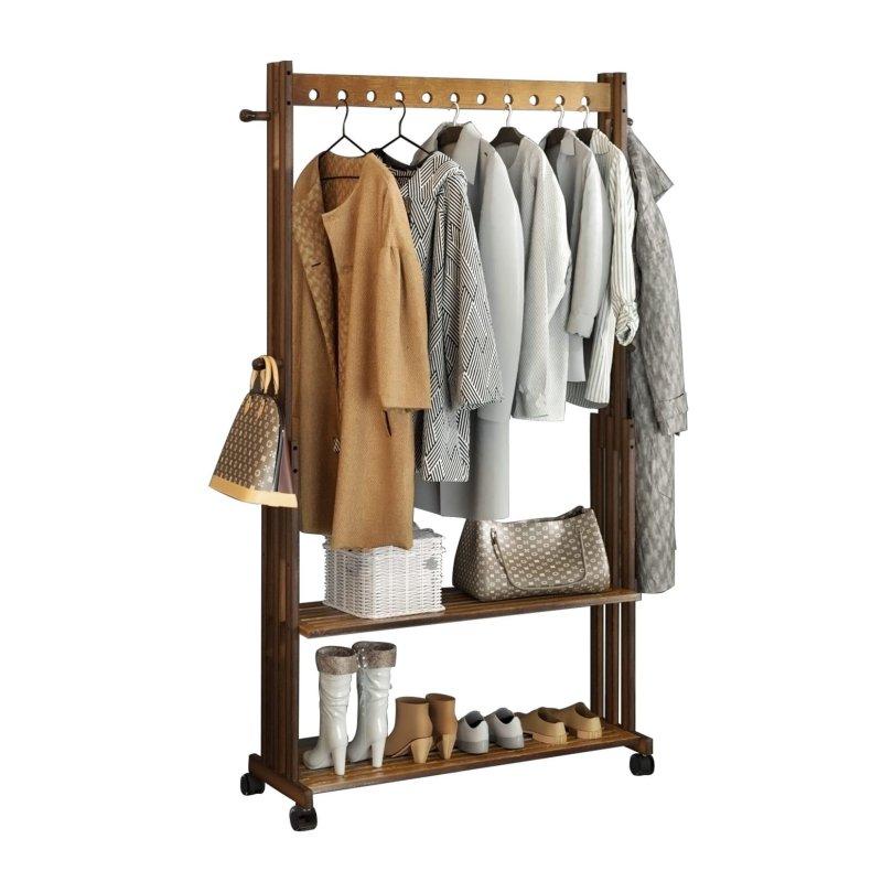 Ceviz Bambu Tekerlekli Ayaklı Askılık - 104x33x166 cm - 337043