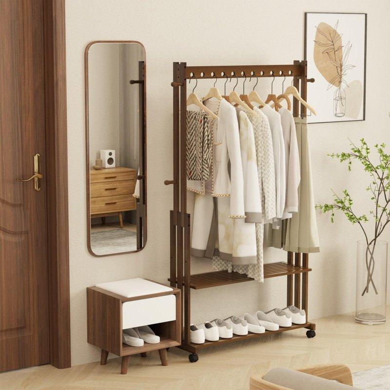 Ceviz Bambu Tekerlekli Ayaklı Askılık - 104x33x166 cm - 337242
