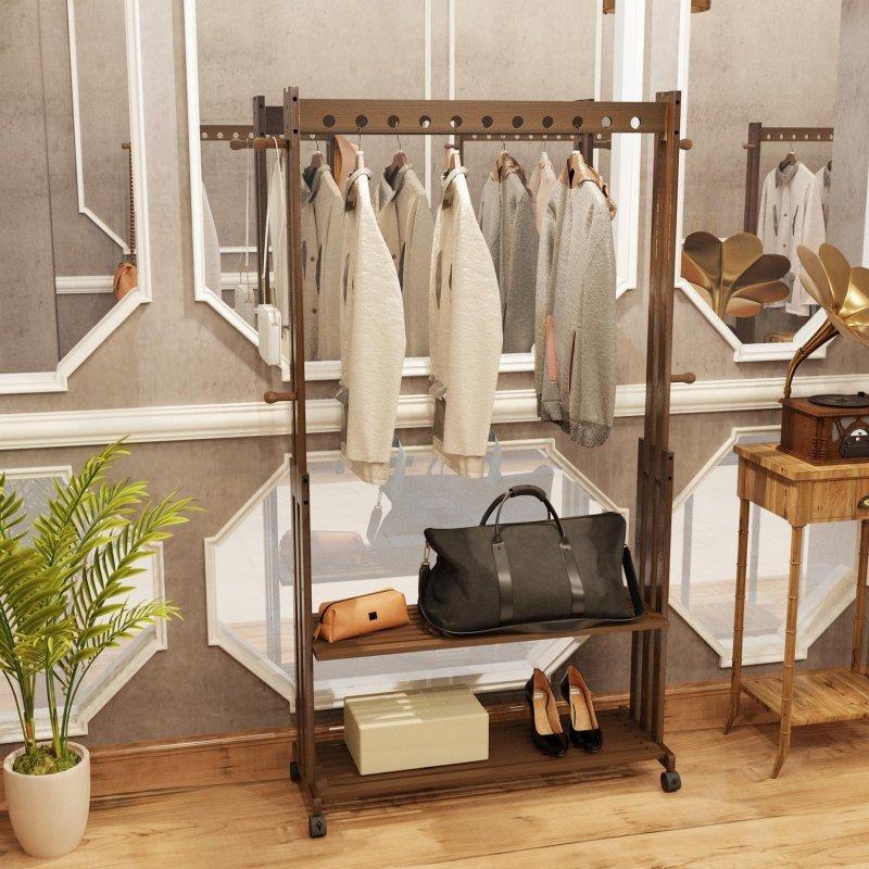 Ceviz Bambu Tekerlekli Ayaklı Askılık - 104x33x166 cm - 337242