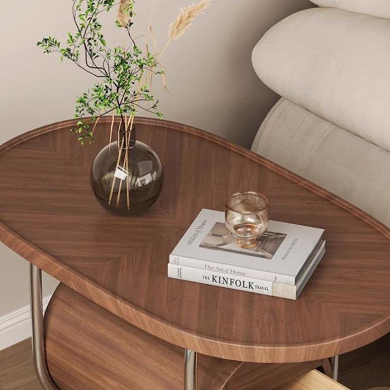 Ceviz Kaplama Paslanmaz Çelik Çekmeceli Oval Tekerlekli Orta Sehpa - 80x50 cm - 336362