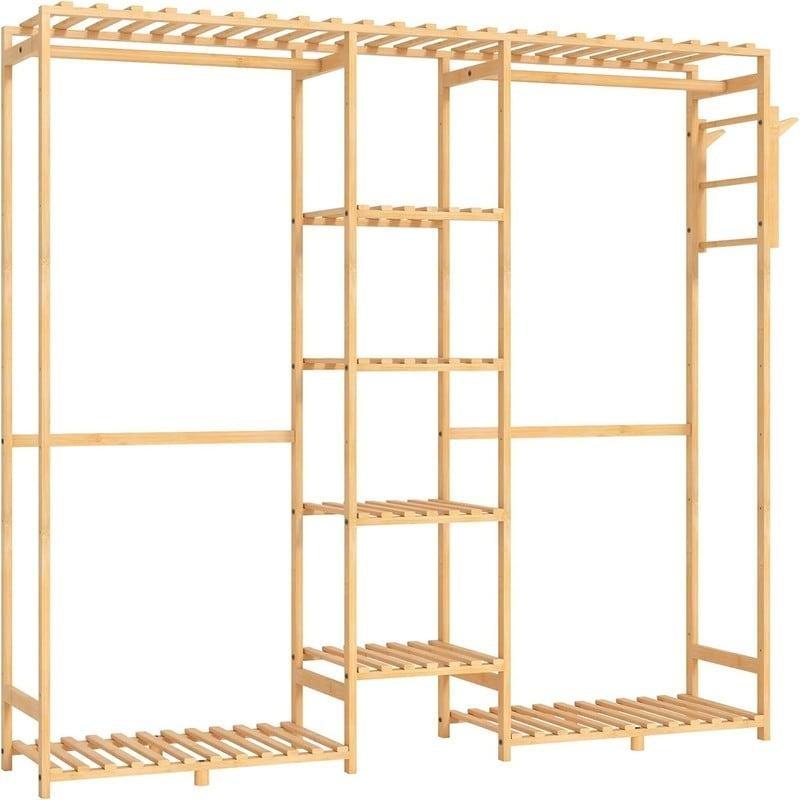 Doğal Ahşap Bambu Raflı Çok Amaçlı Ayaklı Askılık - 90x30x146 cm - 336808
