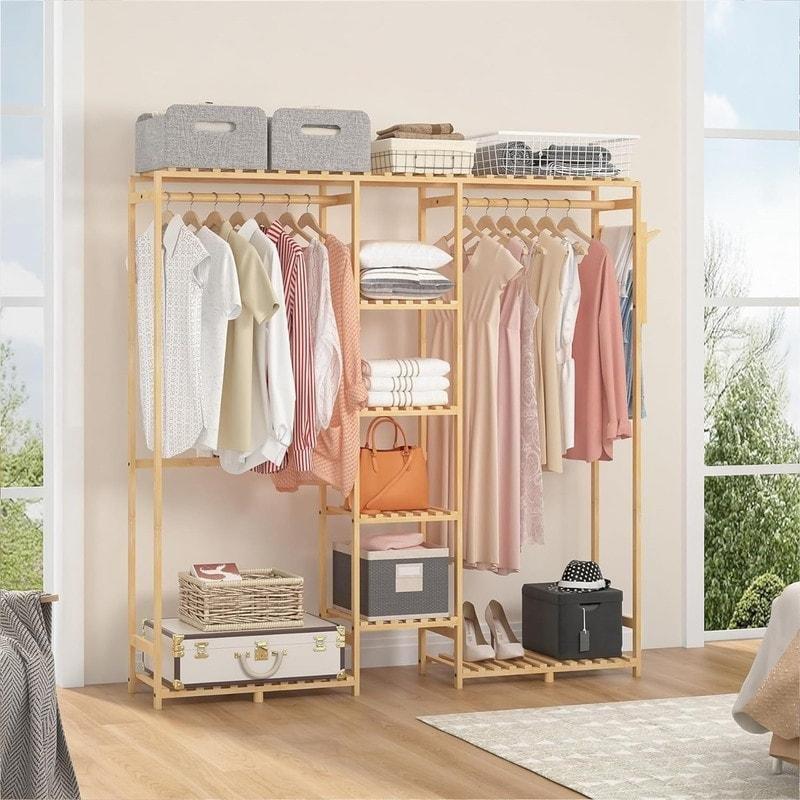 Doğal Ahşap Bambu Raflı Çok Amaçlı Ayaklı Askılık - 90x30x146 cm - 336808