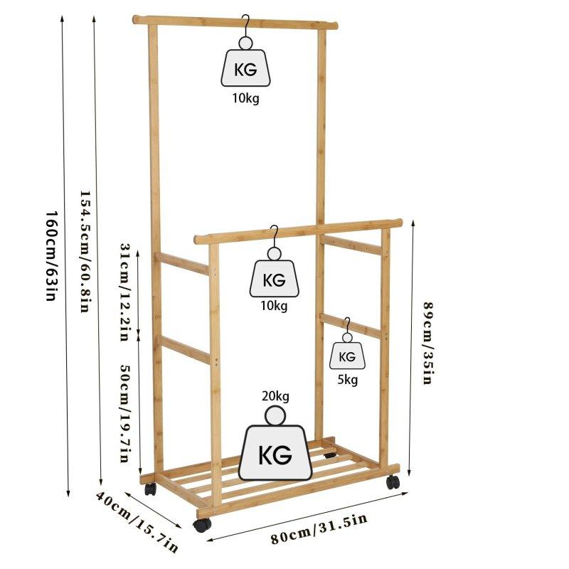Doğal Ahşap Rengi Bambu Tekerlekli Raflı Ayaklı Askılık - 80x40x160 cm - 337084