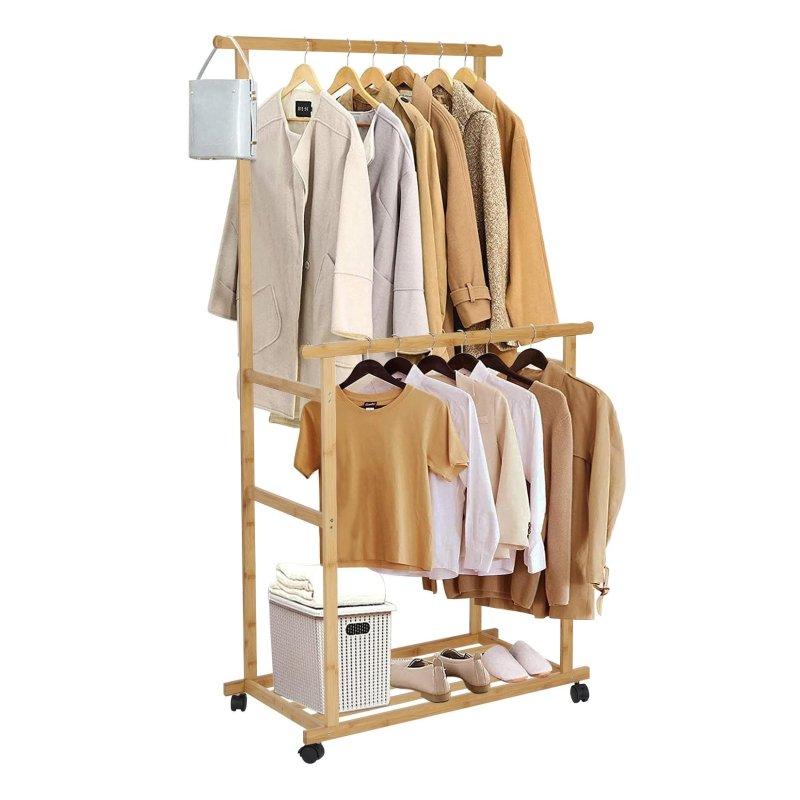 Doğal Ahşap Rengi Bambu Tekerlekli Raflı Ayaklı Askılık - 80x40x160 cm - 337084