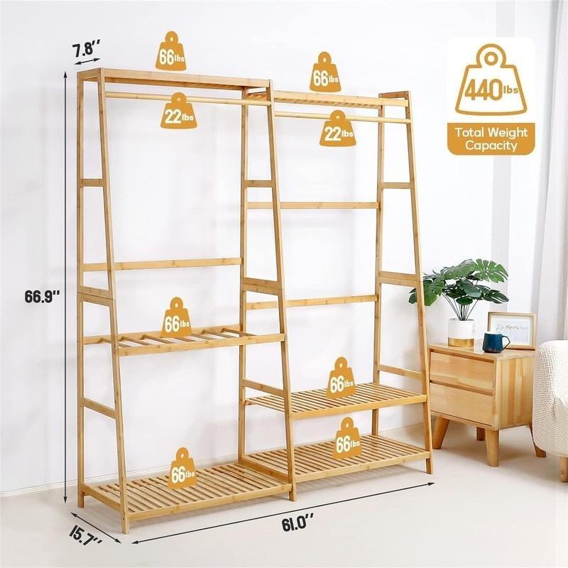 Doğal Bambu 6 Raflı ve Pantolon Askılı Ayaklı Askılık - 155x171x40 cm - 336815
