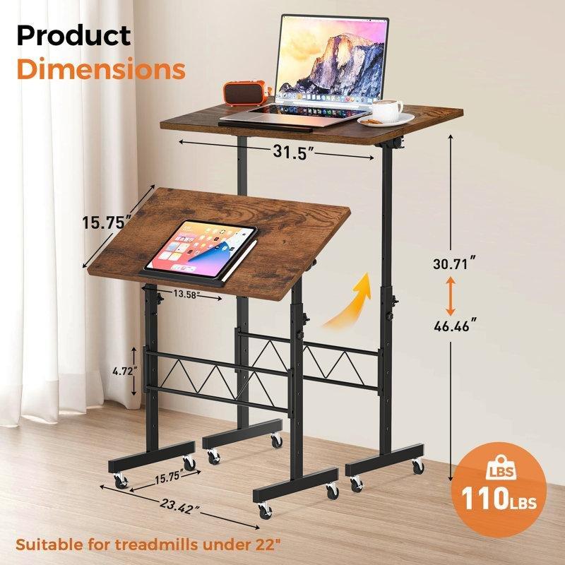 Endüstriyel Ahşap Yüksekliği Ayarlanabilir Eğilebilir Tablalı Tekerlekli Laptop Sehpası - 335891