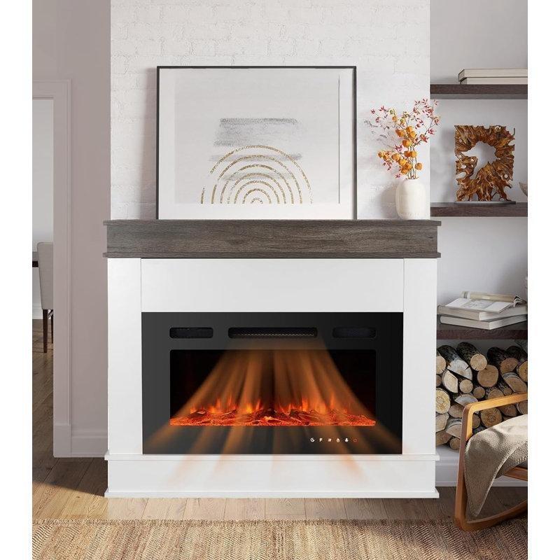 Fildişi Meşe MDF Uzaktan Kumandalı 12 Renkli Alev Efektli Elektrikli Şömine - 124x84 cm - 339629