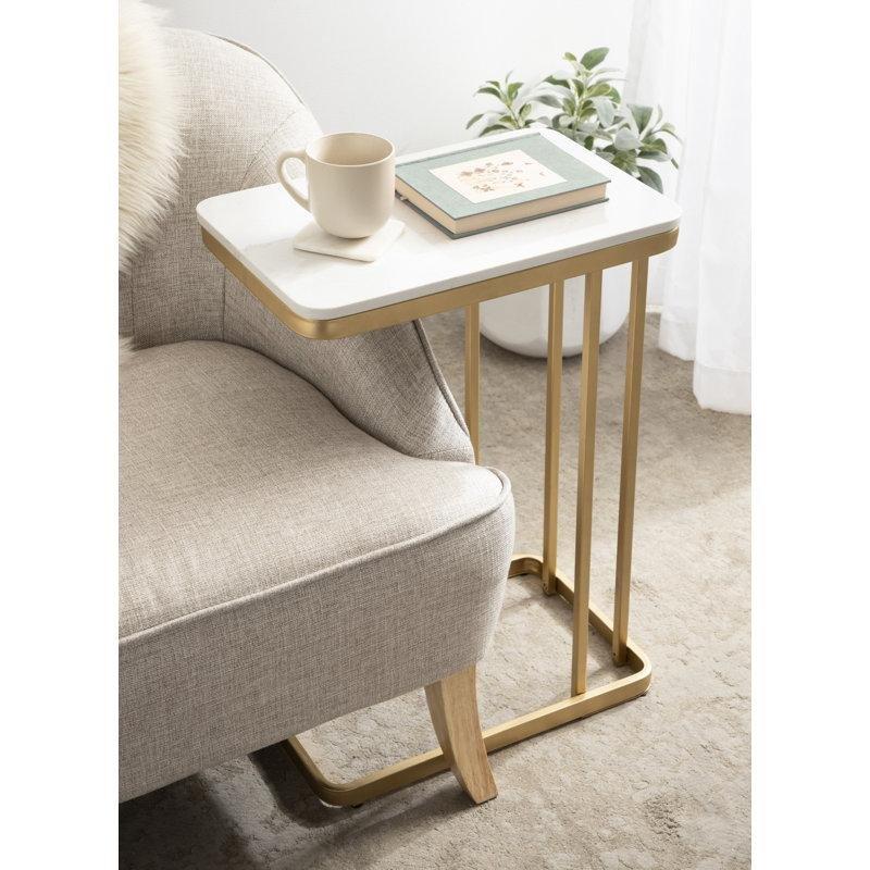 Gold Metal Mermer Görünümlü Dikdörtgen C Şekilli Laptop Sehpası - 47x31 cm - 335631