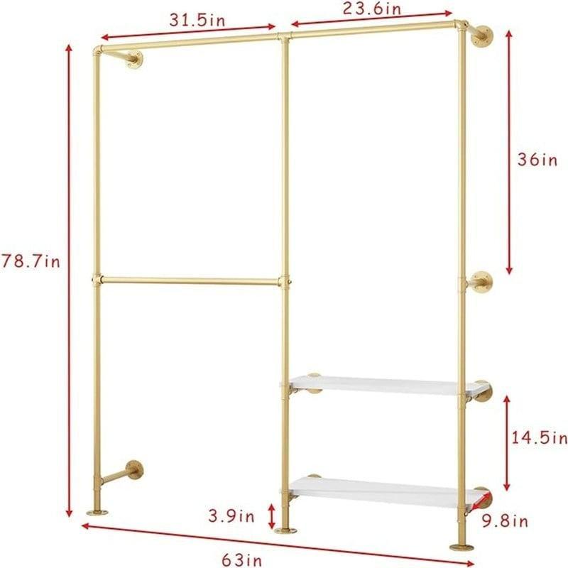 Gold ve Beyaz Ahşap Metal Duvara Monte Raflı Ayaklı Askılık - 161x25x200 cm - 336786