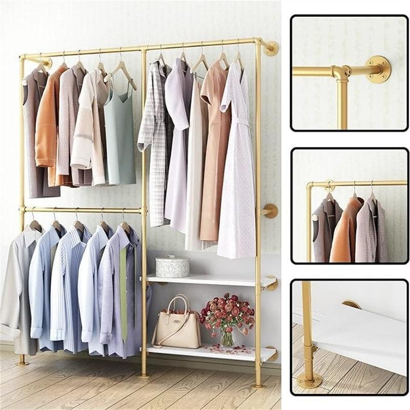 Gold ve Beyaz Ahşap Metal Duvara Monte Raflı Ayaklı Askılık - 161x25x200 cm - 336786
