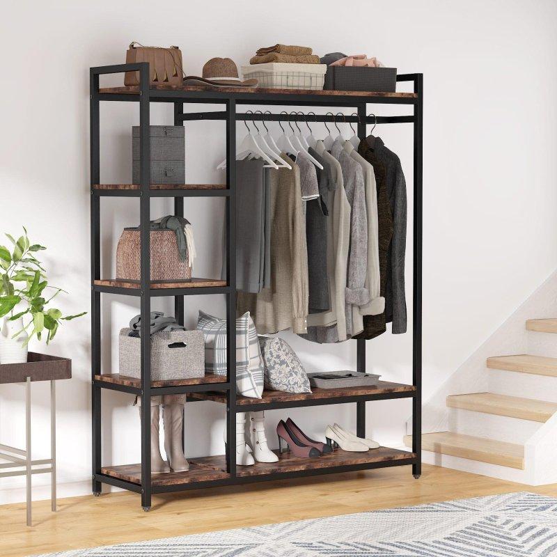 Gri Ahşap ve Metal 6 Raflı Ayaklı Askılık - 120x40x180 cm - 336991
