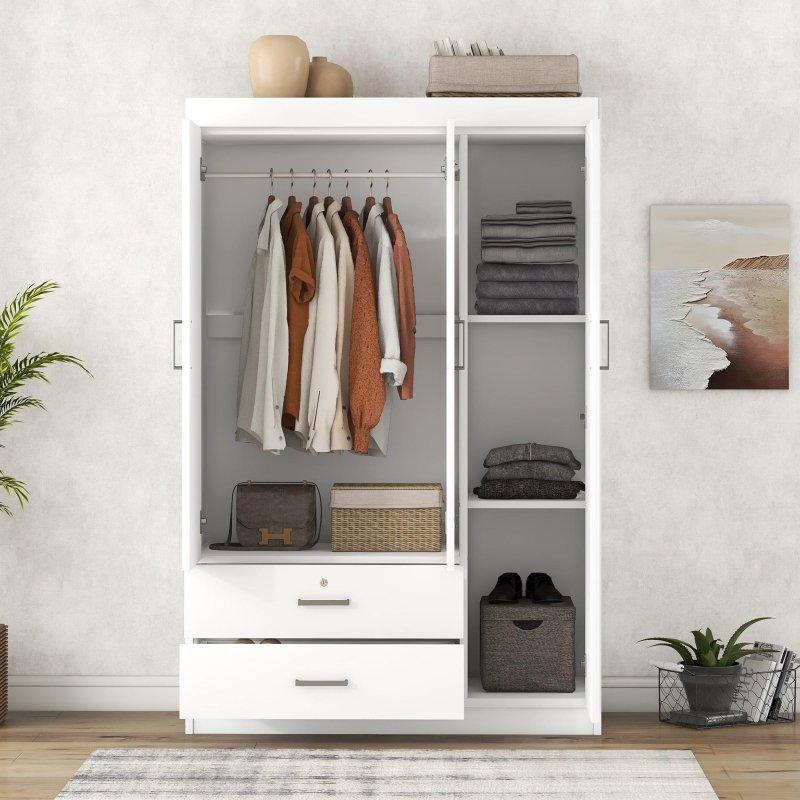 Gri Beyaz MDF ve Akasya Ahşap Kilitlenebilir Çekmeceli 3 Kapılı Gardırop - 105x47x174 cm - 337765