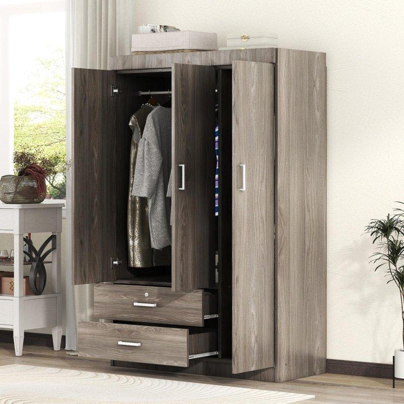 Gri Beyaz MDF ve Akasya Ahşap Kilitlenebilir Çekmeceli 3 Kapılı Gardırop - 105x47x174 cm - 337765