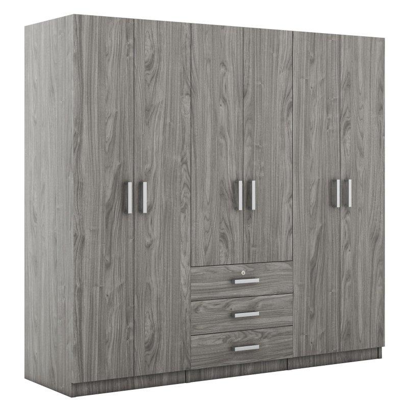 Gri MDF Kilitli Çekmeceli 6 Kapılı Gardırop - 181x49x173 cm - 336731