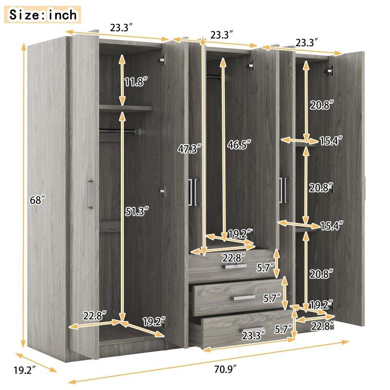 Gri MDF Kilitli Çekmeceli 6 Kapılı Gardırop - 181x49x173 cm - 336731