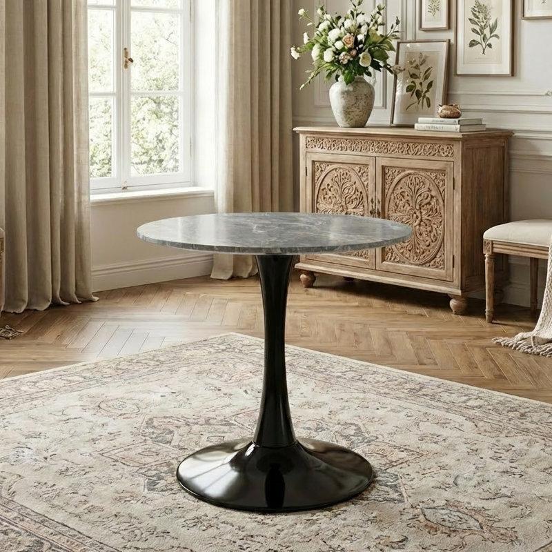 Gri Mermer Tablalı Siyah Tek Ayaklı Yuvarlak Bistro Masa - Ø71 cm - 338181