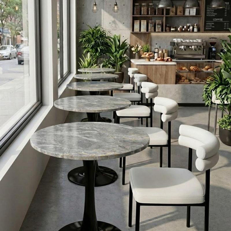 Gri Mermer Tablalı Siyah Tek Ayaklı Yuvarlak Bistro Masa - Ø71 cm - 338181