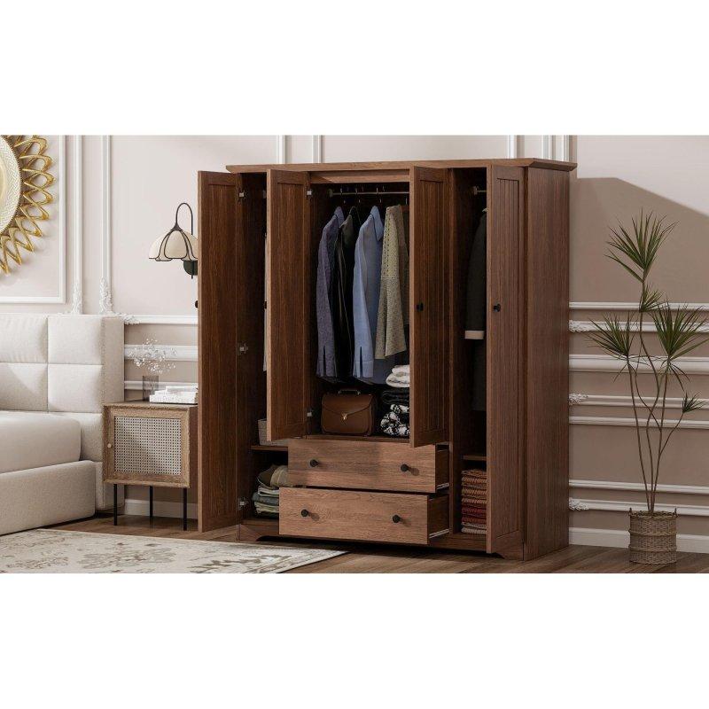 Kahverengi Ahşap 2 Çekmeceli Askılıklı 4 Kapılı Gardırop - 154x53x174 cm - 336976
