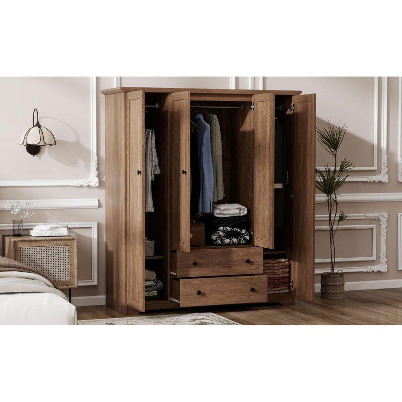 Kahverengi Ahşap 2 Çekmeceli Askılıklı 4 Kapılı Gardırop - 154x53x174 cm - 336976