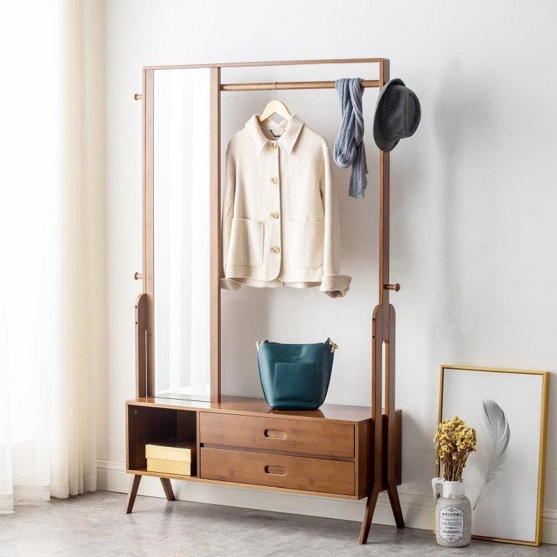 Kahverengi Bambu Aynalı Çekmeceli Ayaklı Askılık - 104x34x169 cm - 337010