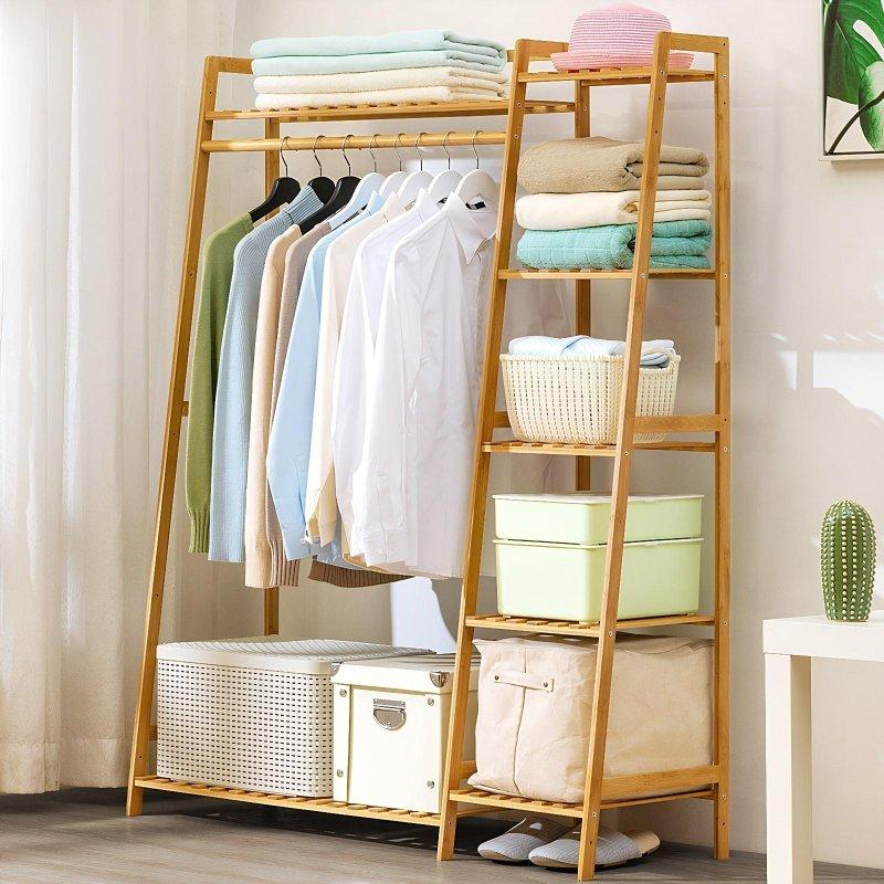 Kahverengi Bambu Çok Katlı Raflı ve Ayakkabılıklı Ayaklı Askılık - 40x110x140 cm - 337827