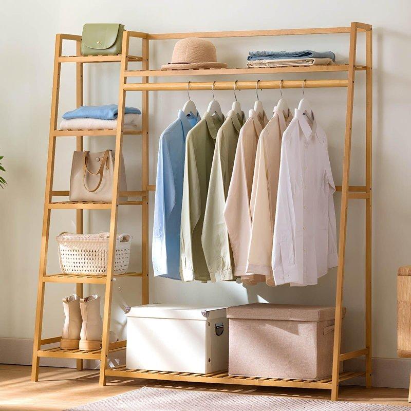 Kahverengi Bambu Çok Katlı Raflı ve Ayakkabılıklı Ayaklı Askılık - 40x110x140 cm - 337827