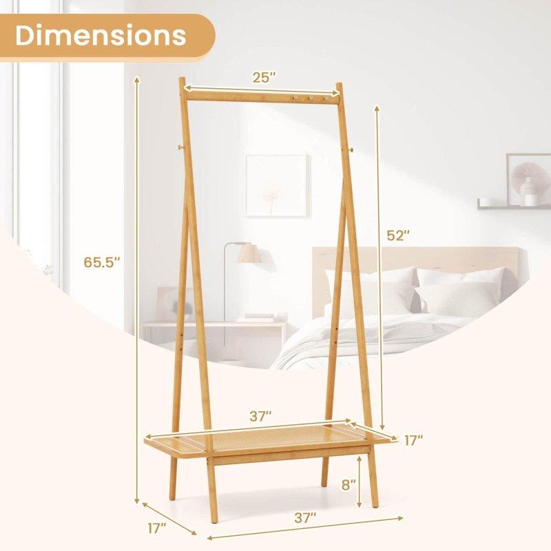 Kahverengi Bambu Raflı ve Kancalı Ayaklı Askılık - 94x44x167 cm - 337073