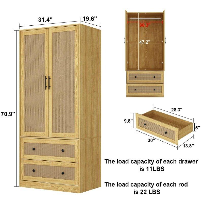 Kahverengi Çam ve MDF Çekmeceli Askılıklı Çift Kapılı Gardırop - 80x50x181 cm - 337227