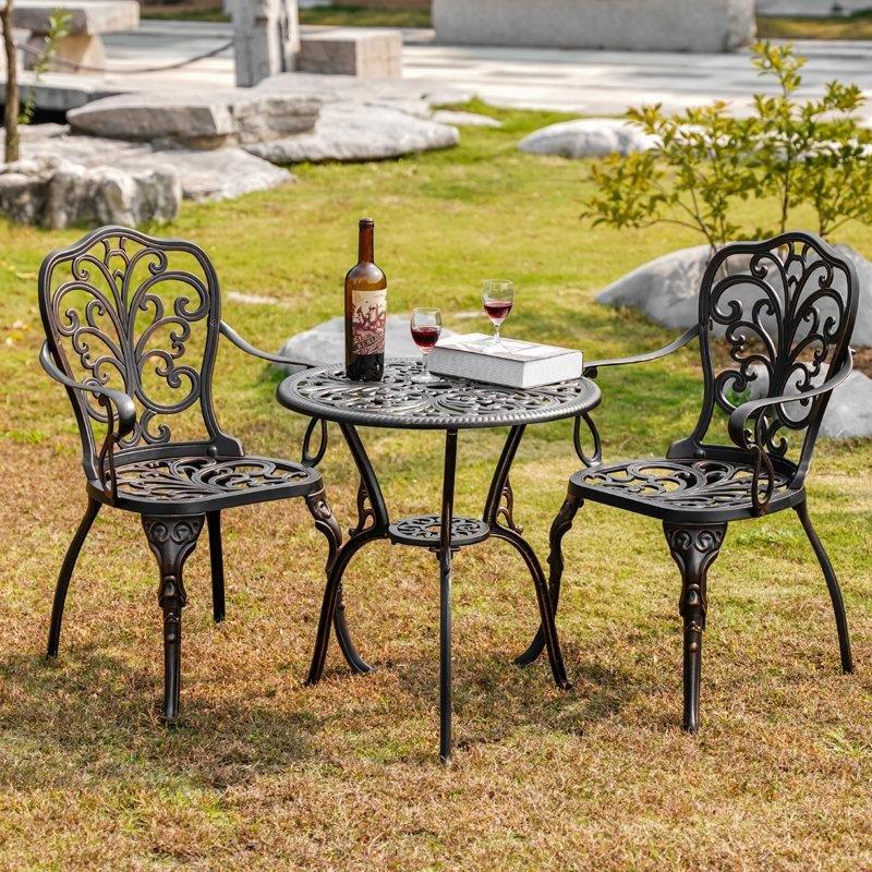 Kahverengi Döküm Alüminyum 3 Parça Şemsiye Delikli Bistro Masa Takımı - 337948