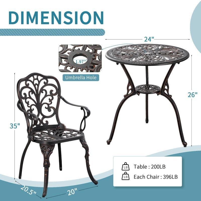 Kahverengi Döküm Alüminyum 3 Parça Şemsiye Delikli Bistro Masa Takımı - 337948