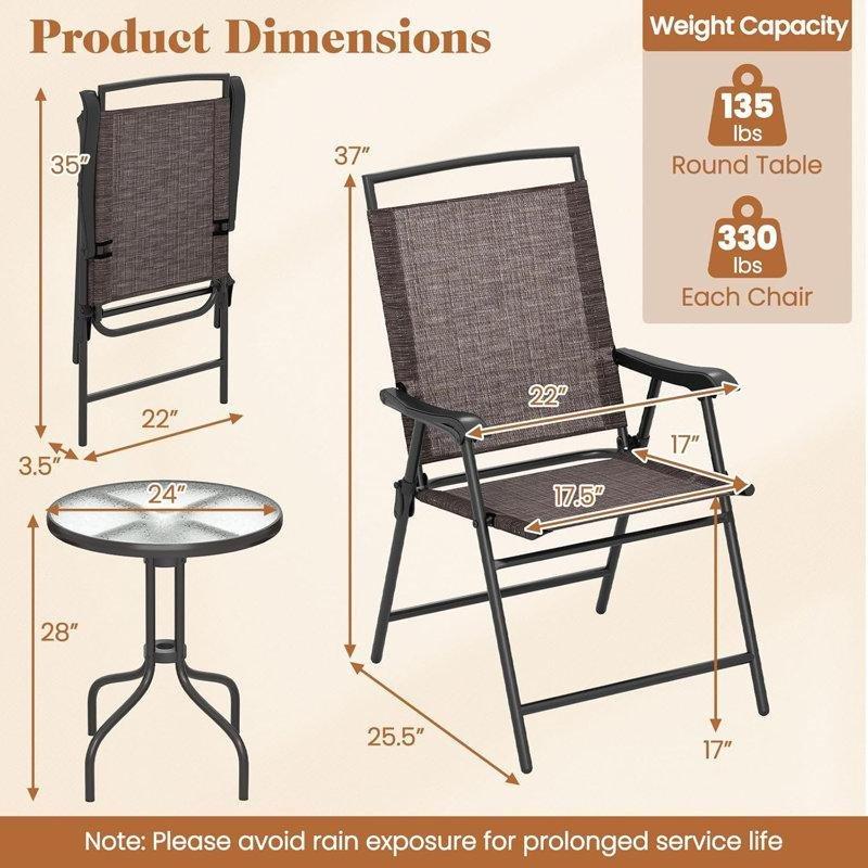 Kahverengi Kumaş Çelik Katlanabilir 2 Kişilik Yuvarlak Bistro Seti - 60 cm - 338572