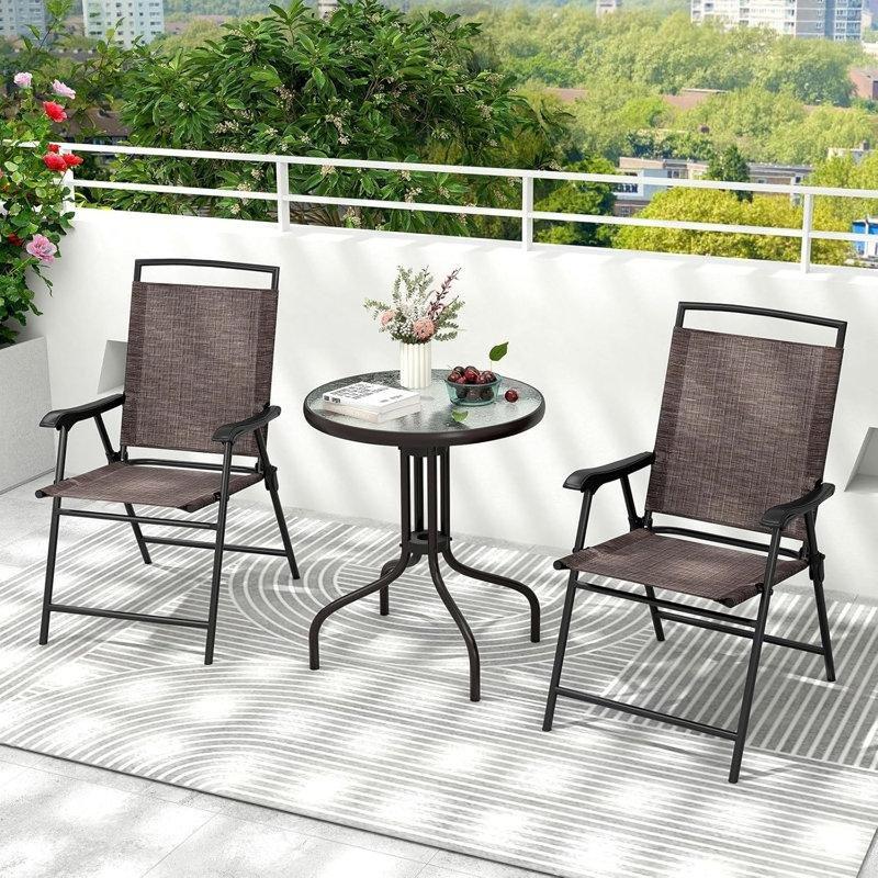 Kahverengi Kumaş Çelik Katlanabilir 2 Kişilik Yuvarlak Bistro Seti - 60 cm - 338572